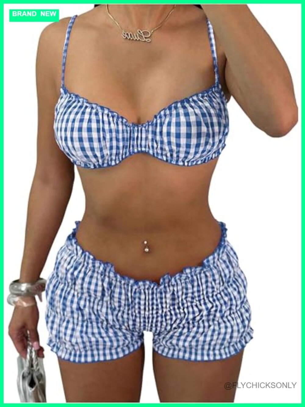 Gingham Bikini Set with Shorts Ruched Vacation Cheeky 2 Piece Swimsuit